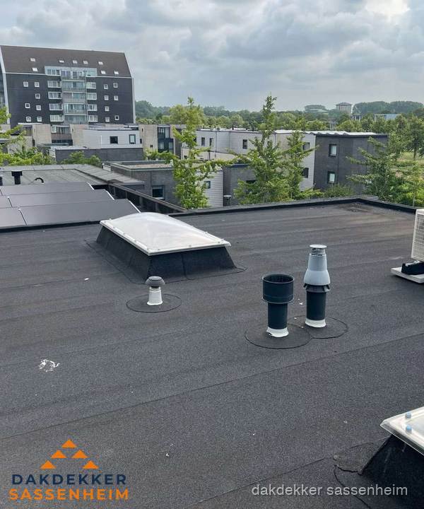 Groot plat dak met lichtkoepel en dakdoorvoeren in Sassenheim