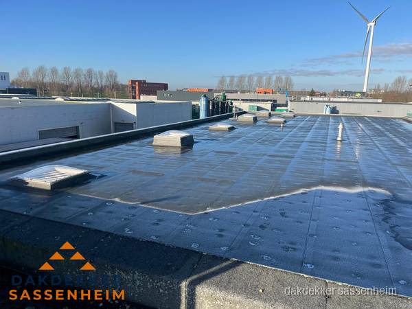 Plat dak bedrijfspand met bitumen dakbedekking en lichtkoepels in Sassenheim